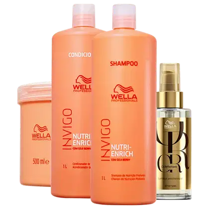 Produtos de cuidado capilar Wella Professionals. Dois frascos grandes de 1 litro cada, contendo shampoo e um condicionador. Um frasco menor de 500ml de máscara capilar da mesma linha. Um pequeno frasco dourado de óleo capilar.