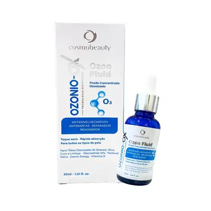 Fluido concentrado ozonizado da marca Cosmobeauty, chamado Ozon Fluid. A embalagem consiste em um contendo 30ml. O rótulo destaca as propriedades do fluido, como antienvelhecimento, antimanchas, reparador e renovador.