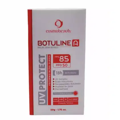 Protetor solar da marca Cosmobeauty, chamado Botuline. O rótulo indica que o produto possui FPS 85, PPD 50 e oferece 18 horas de proteção. Também são mencionados os principais ingredientes, como UV Complex, ácido hialurônico e pentapeptídeo botulínico.