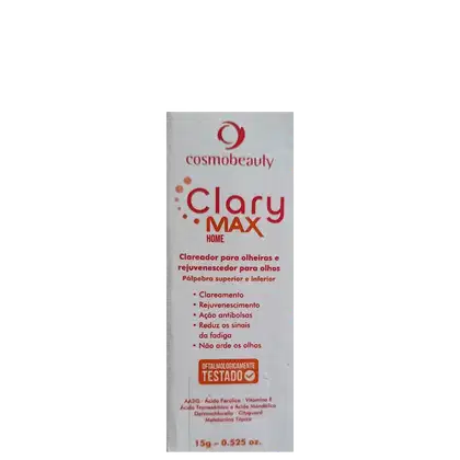 Produto de beleza Cosmobeauty Clary Max Home, em embalagem branca com detalhes em vermelho e laranja, contendo informações sobre os benefícios do produto para os olhos.