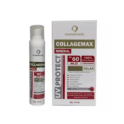 Cosmobeauty Collagemax Mineral, um protetor solar em embalagem de 50g com FPS 60 e PPD 25, contendo dióxido de titânio, óxido de zinco, hidroxiapatita e colágeno vegano.