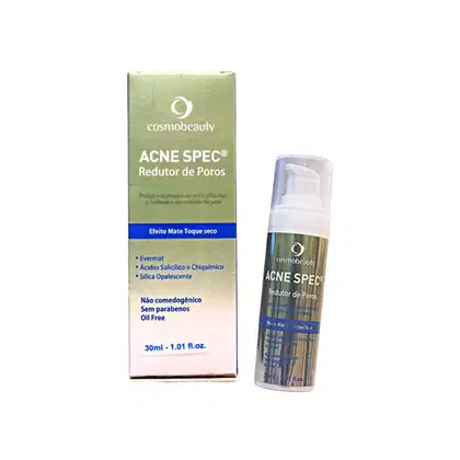 Caixa verde e frasco branco de produto Cosmobeauty Acne Spec, redutor de poros, com informações sobre ingredientes e características como efeito mate e toque seco.