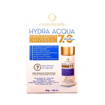 Caixa e frasco de creme hidratante universal Hydra Acqua da marca Cosmobeauty, com informações sobre seus benefícios e tecnologia Derma Acqua. Embalagem em tons de azul e laranja, com destaque para o tempo de hidratação de 7 dias.