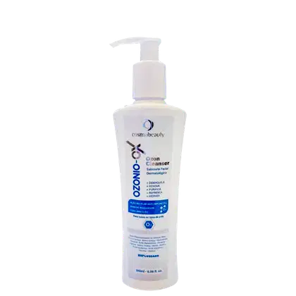 Sabonete Facial Dermatológico da marca Cosmobeauty, chamado Ozon Cleanser contendo 180ml. O rótulo destaca as principais características do produto, como desmaquilar, remover, purificar e refrescar a pele. Também menciona que o produto é 100% vegano.