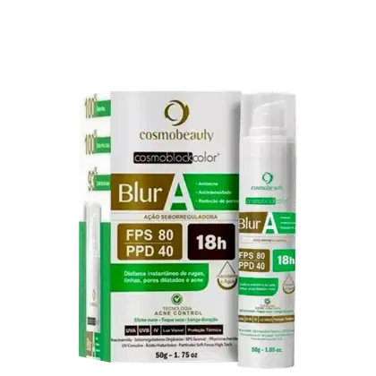 Protetor solar. Rótulo indicando que se trata de um produto com ação seborregulatória, FPS 80 e PPD 40, com duração de 18 horas. O frasco possui um aplicador para