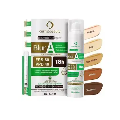 O produto Cosmobeauty Cosmoblockcolor Blur A é um protetor solar em embalagem de 50g, com FPS 80 e PPD 40, com ação seborregulatória e antienvelhecimento. Apresenta diferentes tonalidades de cores como natural, bege, bege médio e bronze.