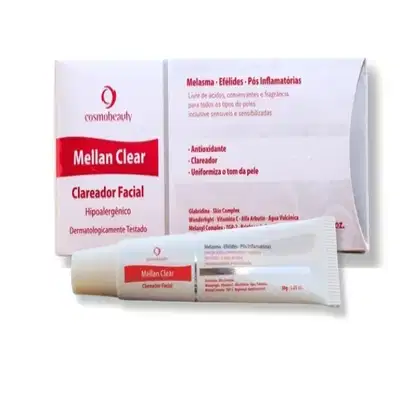 O produto Mellan Clear da Cosmobeauty é um clareador facial hipoalergênico, dermatologicamente testado, apresentado em uma caixa vermelha e branca e um tubo de creme.