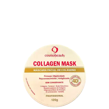 Máscara facial de colágeno da marca Cosmobeauty, em embalagem circular branca e dourada, com informações sobre os benefícios do produto, como firmeza, elasticidade e rejuvenescimento da pele.