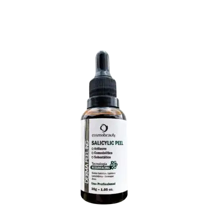 Frasco de vidro escuro com conta-gotas contendo um produto de pele Cosmobeauty chamado "Salicylic Peel", com informações sobre sua tecnologia de ressurfaçamento e uso profissional.