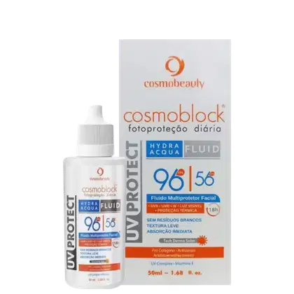 Fluido multiprotetor facial da marca Cosmobeauty, chamado Cosmoblock. A embalagem é um frasco branco com um rótulo laranja e branco, contendo informações sobre o produto, como o fator de proteção solar 90/50 e a tecnologia Hydra Acqua Fluid.