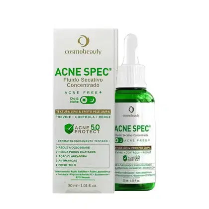 O produto Cosmobeauty Acne Spec é um fluido secativo concentrado em embalagem de 30 ml, com rótulo verde e branco destacando seus benefícios de prevenir, controlar e reduzir acne, com textura leve e efeito pele limpa.