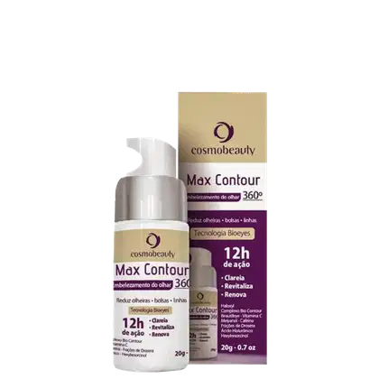 Creme para contorno facial da marca Cosmobeauty, chamado "Max Contour". O texto na embalagem destaca que o produto oferece "Embelezamento do olhar 360°" e possui "Tecnologia Bioeyes" com 12 horas de ação.