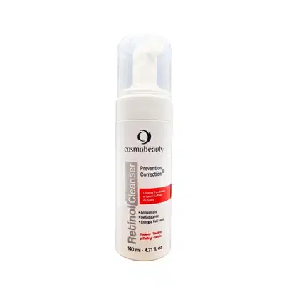 Sabonete facial. O frasco possui uma tampa branca e um rótulo com o nome do produto "Retinol Cleanser" e informações sobre suas propriedades, como "Antissinais", "Defadigante" e "Energia Full Face".