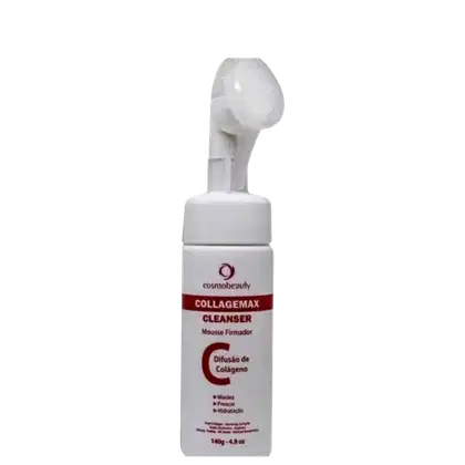 Limpador facial da linha Collagemax da marca Cosmobeauty. O rótulo exibe o nome "Collagemax Cleanser" e destaca a "Difusão de Colágeno" como um dos benefícios. Trata-se de um produto de cuidados com a pele, destinado à limpeza e hidratação facial.