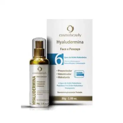 Sérum facial da marca Cosmobeauty, chamado Hyaludermina. O rótulo do produto exibe o nome "Hyaludermina" e algumas informações sobre suas propriedades, como "Preenchedor", "Volumizador" e "Hidratante".