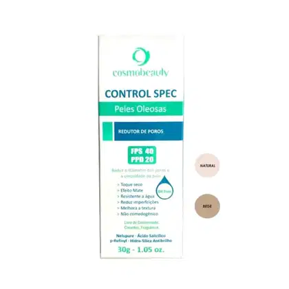 Caixa branca do produto Cosmobeauty Control Spec, com rótulo verde e azul indicando redutor de poros, FPS 40 e PPD 20, para peles oleosas. Embalagem contém 30g do produto.