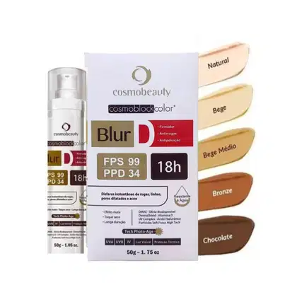 Protetor solar da linha Cosmoblockcolor da marca Cosmobeauty. A caixa apresenta informações sobre o produto, como FPS 99, PPD 34, resistência à água e duração de 18 horas.