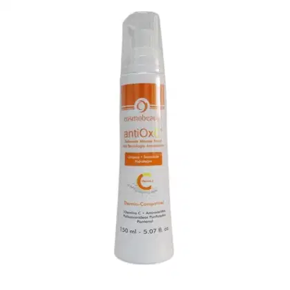 Frasco de 150 ml do produto antiOx da Cosmobeauty, com embalagem branca e laranja, contendo informações sobre seus ingredientes e benefícios para a pele.