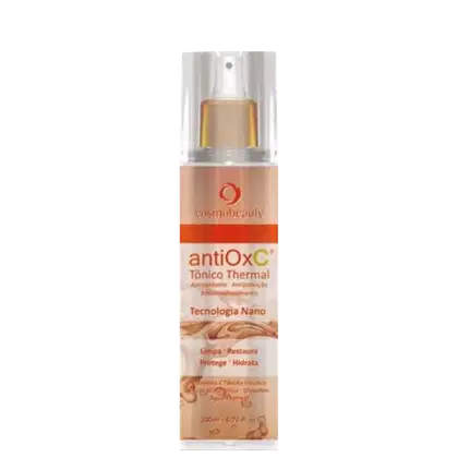 O produto apresentado é um tônico térmico antioxidante da marca Cosmobeauty, chamado "antiOxC Tônico Thermal". O rótulo do produto é laranja e branco, com o nome da marca "Cosmobeauty" e informações sobre a tecnologia "Nano" utilizada.
