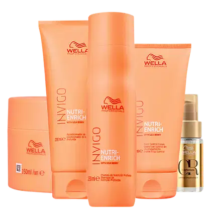 Kit com shampoo, condicionador, máscara e leave-in Invigo Nutri-Enrich, além de um óleo capilar Oil Reflections de Wella Professionals.