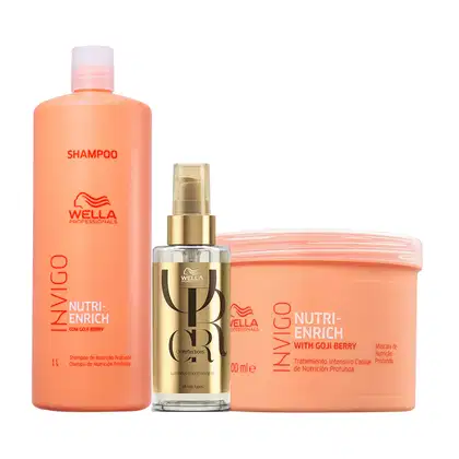 Kit com shampoo e máscara Invigo Nutri-Enrich, além de um óleo capilar Oil Reflections de Wella Professionals.