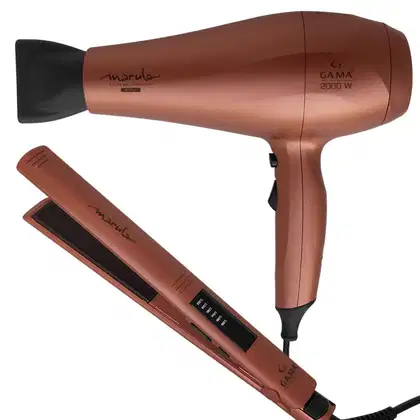 Imagem de um secador de cabelo e chapinha. É de uma cor acobreada, com tom roseado e metálico.