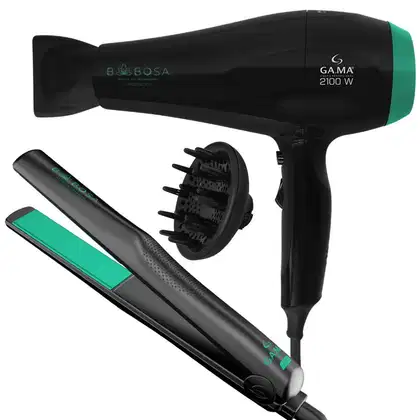 A imagem mostra um secador de cabelo preto com detalhes em verde, ao lado aparece um difusor removível com pinos para modelar. Por fim, há uma chapinha na cor preta com uma faixa verde e design elegante.