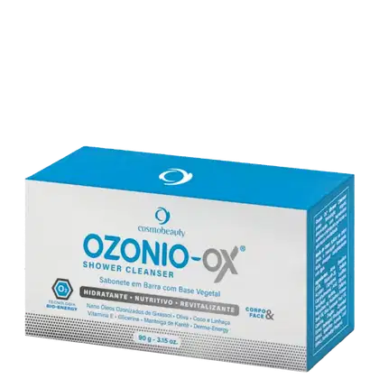 Sabonete em barra da marca Cosmobeauty, chamado "Ozonio-ox". A embalagem é uma caixa de cor azul com detalhes em cinza, contendo informações sobre os ingredientes e benefícios do produto, como hidratação, nutrição e revitalização.
