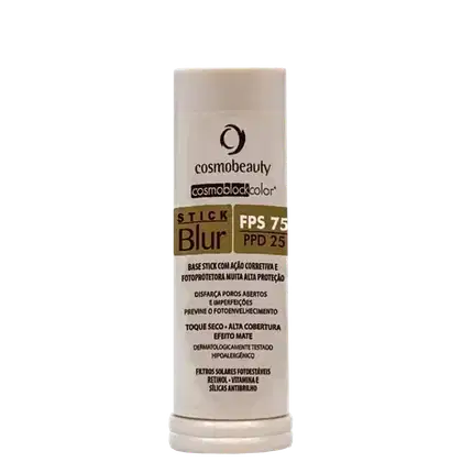 Stick Blur, um produto da linha Cosmoblock Color da Cosmobeauty, com FPS 75 e PPD 25. A embalagem é um tubo branco com o logotipo da marca e informações sobre o produto.