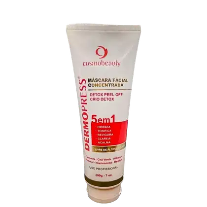 Máscara facial concentrada Cosmobeauty em tubo branco com rótulo vermelho e detalhes em dourado. Produto de uso profissional, com 5 em 1 para hidratação, tonificação, revitalização, clareamento e acalma.
