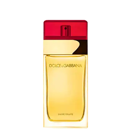 O produto apresentado é um frasco de perfume da marca Dolce & Gabbana. O frasco possui uma forma retangular com uma tampa vermelha na parte superior. Volumetria de 100ml.