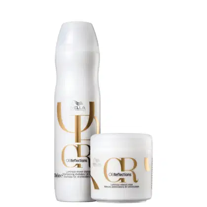 Shampoo de 250ml e máscara capilar de 150ml da linha Oil Reflections de Wella Professionals.