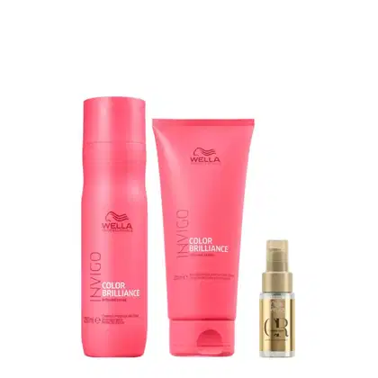 Três produtos Wella Professionals: shampoo e condicionador Invigo Color Brilliance e óleo capilar Oil Reflections.