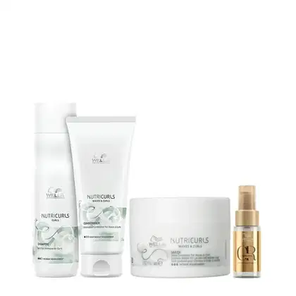 A imagem mostra quatro produtos de cuidados capilares da linha Nutricurls da Wella Professionals. Shampoo, condicionador, máscara capilar e óleo capilar.