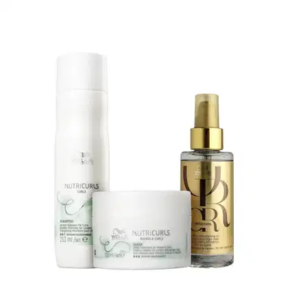 Produtos Wella Professionals: shampoo Nutricurls em frasco branco, máscara Nutricurls em embalagem branca, e óleo Reflections em frasco dourado com rótulo dourado.