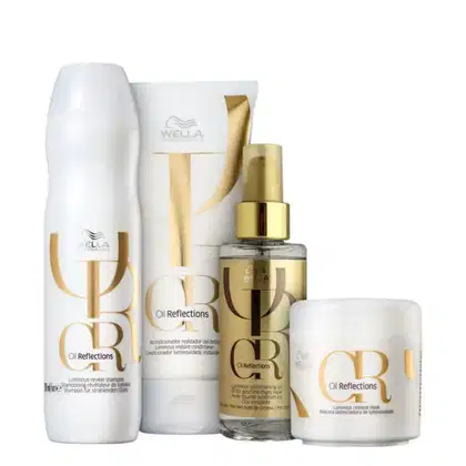 Shampoo revelador de luminosidade, um condicionador cremoso, um óleo capilar enriquecedor e uma máscara reveladora de luminosidade.