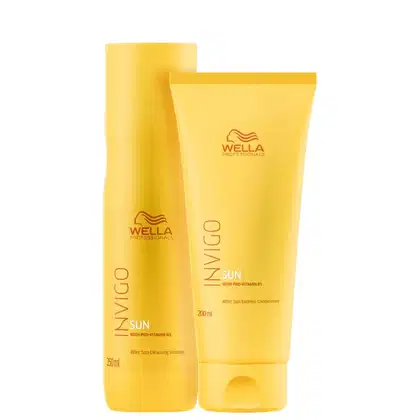 A imagem mostra dois frascos, um de shampoo e outro de condicionador, amarelo com letras vermelhas.