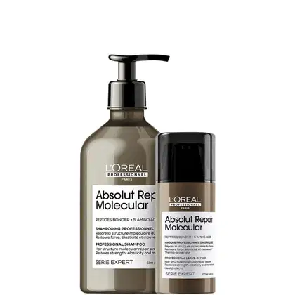 A imagem mostra dois produtos da L’Oréal Professionnel. Um frasco de shampoo arredondado e pump preto e um frasco de máscara leave-in mais comprido e arredondado, com tampa preta. Ambos em embalagem marrom e rótulos brancos.