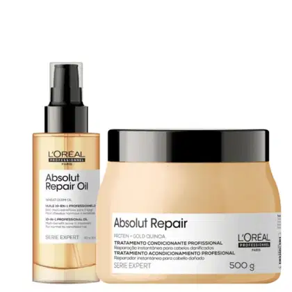 A imagem mostra dois produtos da linha Absolut Repair da L’Oréal Professionnel. Um óleo capilar em spray num frasco dourado e máscara capilar num pote dourado, com tampa preta.