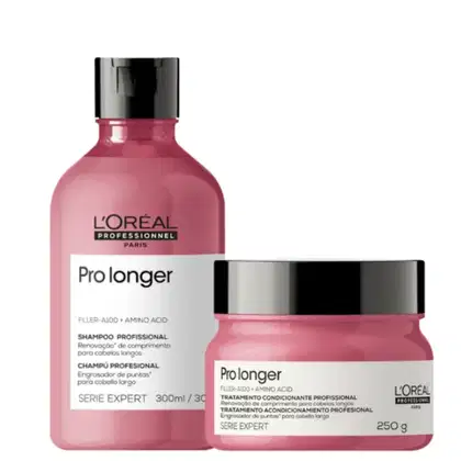 A imagem mostra um kit da L'Oréal Professionnel Pro Longer com um frasco arredondado de shampoo e  com um pote redondo de condicionador, ambos de cor rosa escuro, rótulo branco e tampa preta.