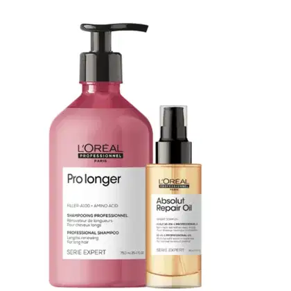 A imagem mostra um kit com dois produtos para cabelo da L'Oréal Professionnel. O da esquerda é um pote plástico rosa escuro com pump preto e o da direita é um frasco plástico dourado com aplicador spray preto.