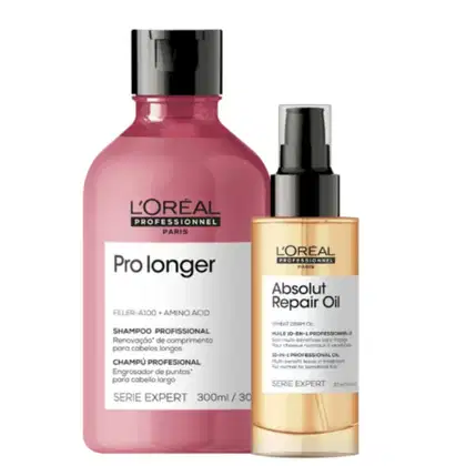 A imagem mostra um kit com dois produtos para cabelo da L'Oréal Professionnel. O da esquerda é um pote plástico rosa escuro com tampa preta e o da direita é um frasco plástico dourado com aplicador spray preto.