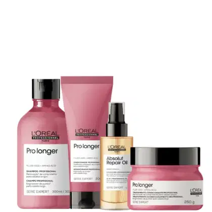 A imagem mostra um kit da L'Oréal Professionnel Pro Longer com um frasco arredondado de shampoo, uma bisnaga com condicionador, um frasco plástico dourado com aplicador preto e pote arredondado de máscara.