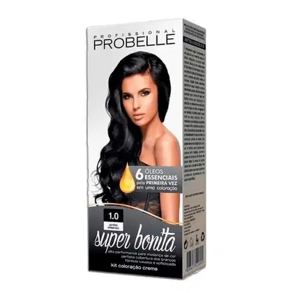 Produto de coloração de cabelo creme da marca Probelle. Imagem de uma mulher de cabelos longos e negros na parte frontal. Texto visível: "Probelle Professional", "Super Bonita 1.0 Preto Intenso", "6 óleos essenciais pela primeira vez em uma coloração".