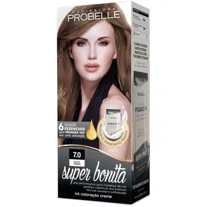 Coloração de cabelo creme da marca Probelle. Embalagem retangular branca com imagem de uma mulher de cabelos castanhos na parte frontal. Rótulo preto com o nome "super bonita" na cor 7.0 louro profundo.