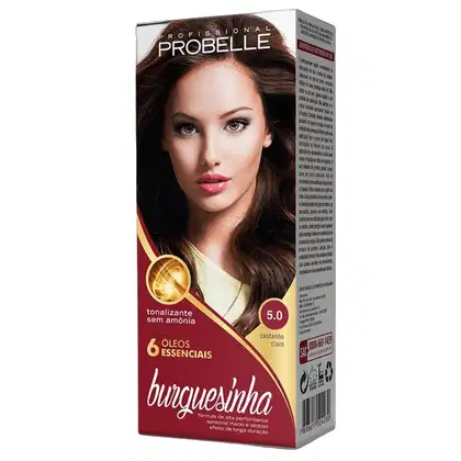 Coloração de cabelos da marca Probelle, embalagem em caixa retangular. Na frente, imagem de uma modelo com cabelos castanhos e maquiagem. Texto visível: "Probelle Professional", "tonalizante sem amônia", "5.0 castanho claro".