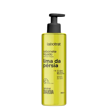 O produto apresentado é um sabonete líquido da marca Labotrat, com a fragrância de lima da pérsia. A embalagem é um frasco plástico de cor amarela, com um rótulo que destaca o nome do produto.