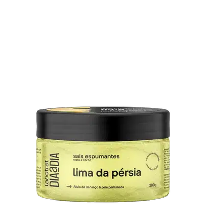 O produto apresentado é um sais espumantes (sabonete em barra) da marca Labotrat, com aroma de lima da pérsia. A embalagem é um pote preto com rótulo amarelo, contendo 280g do produto.