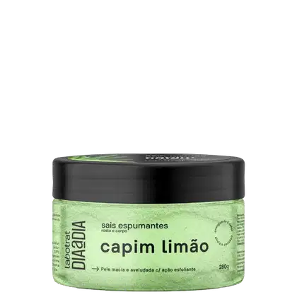 O produto apresentado é um sais espumantes para rosto e corpo da marca Labotrat, com aroma de capim limão. A embalagem é um pote preto com tampa, contendo um produto de cor verde clara.