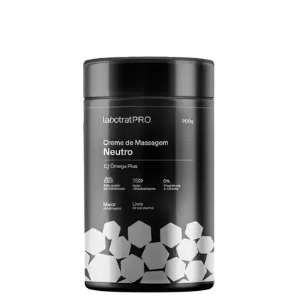 O produto apresentado é um creme de massagem da marca Labotrat, com o nome "Creme de Massagem Neutro" impresso no rótulo. A embalagem é um recipiente preto cilíndrico com 900g de conteúdo.